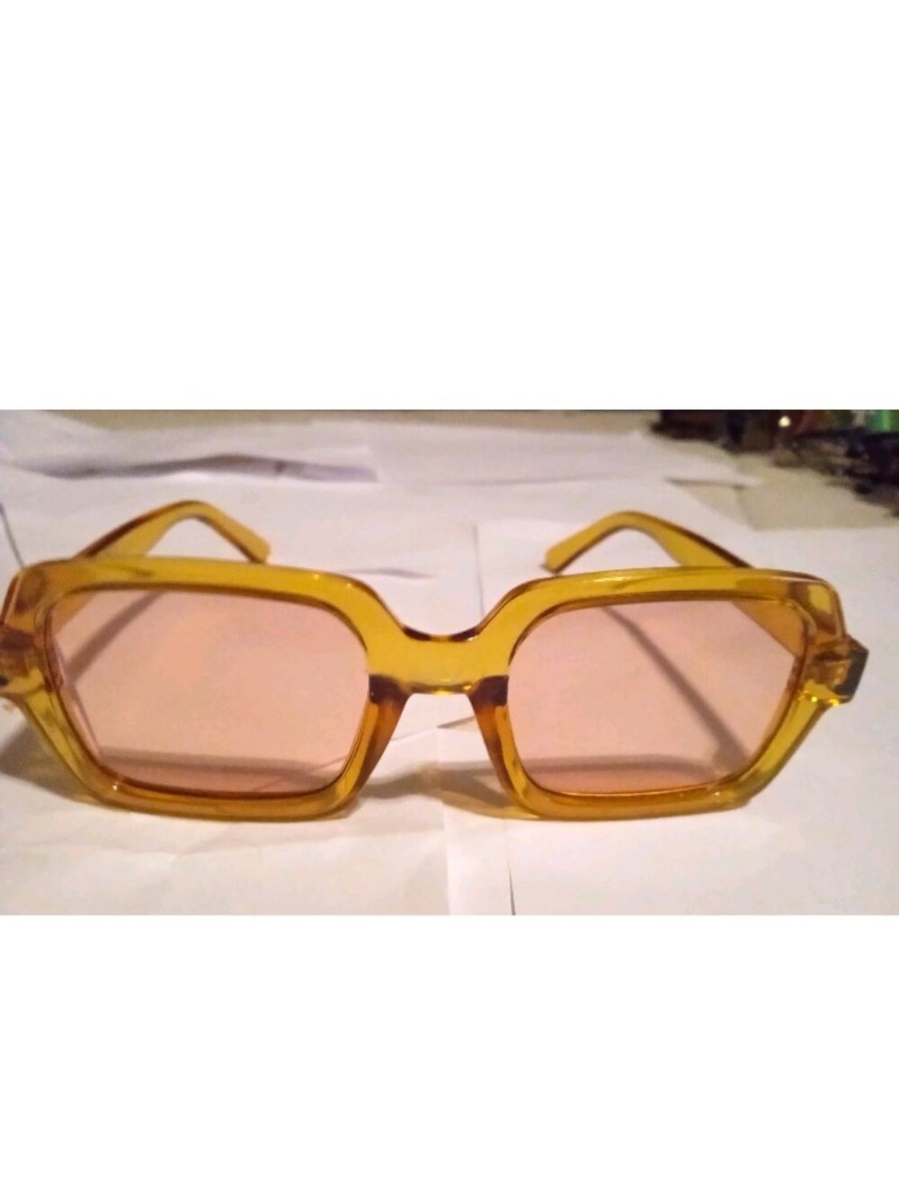 Vintage Yellow Plastic Square Sunglasses Pink Lenses MPN 099-01-2041